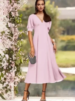 Robe de soirée pour la mère de la mariée col en V manches courtes A-ligne plissé thé longueur robes d'invité de mariage personnalisation gratuite