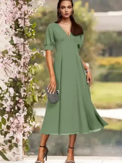 Robe de soirée pour la mère de la mariée col en V manches courtes A-ligne plissé thé longueur robes d'invité de mariage personnalisation gratuite