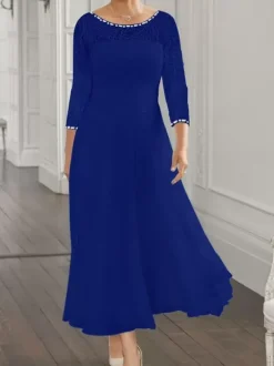 Robe de soirée pour la mère de la mariée col en bijoux manches longues coupe trapèze en dentelle robes d'invitées pour mariage