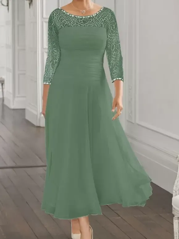 Robe de soirée pour la mère de la mariée col en bijoux manches longues coupe trapèze en dentelle robes d'invitées pour mariage