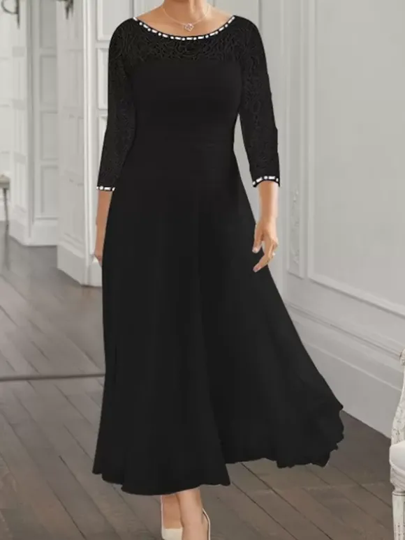 Robe de soirée pour la mère de la mariée col en bijoux manches longues coupe trapèze en dentelle robes d'invitées pour mariage