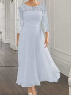 Robe de soirée pour la mère de la mariée col en bijoux manches longues coupe trapèze en dentelle robes d'invitées pour mariage