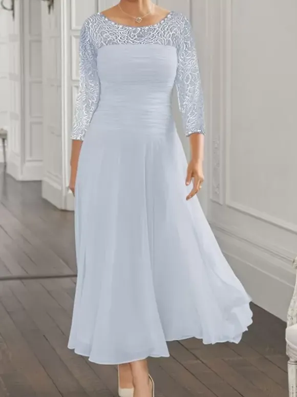 Robe de soirée pour la mère de la mariée col en bijoux manches longues coupe trapèze en dentelle robes d'invitées pour mariage