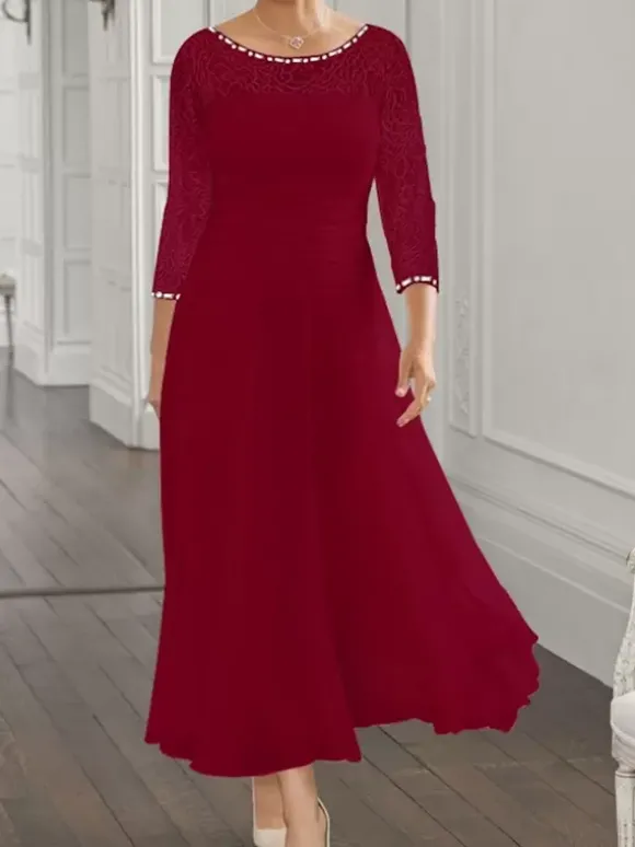 Robe de soirée pour la mère de la mariée col en bijoux manches longues coupe trapèze en dentelle robes d'invitées pour mariage