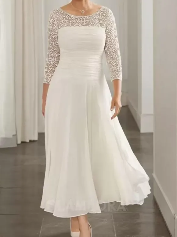 Robe de soirée pour la mère de la mariée col en bijoux manches longues coupe trapèze en dentelle robes d'invitées pour mariage