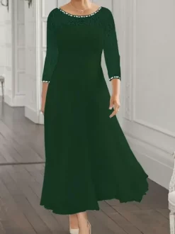 Robe de soirée pour la mère de la mariée col en bijoux manches longues coupe trapèze en dentelle robes d'invitées pour mariage