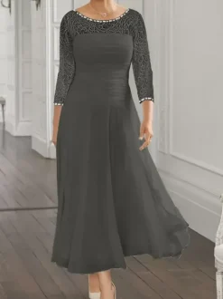 Robe de soirée pour la mère de la mariée col en bijoux manches longues coupe trapèze en dentelle robes d'invitées pour mariage