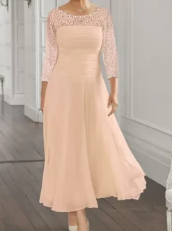 Robe de soirée pour la mère de la mariée col en bijoux manches longues coupe trapèze en dentelle robes d'invitées pour mariage