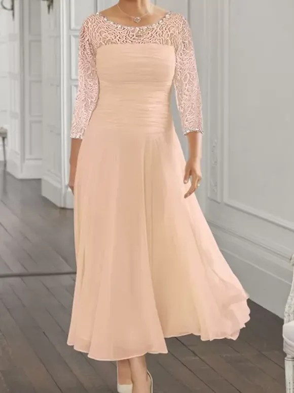 Robe de soirée pour la mère de la mariée col en bijoux manches longues coupe trapèze en dentelle robes d'invitées pour mariage
