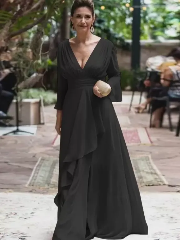 Robe de soirée pour la mère de la mariée col en V manches longues ligne A volants longueur au sol robes d'invitées de mariage