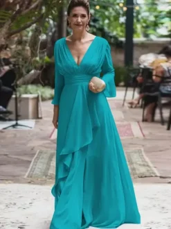 Robe de soirée pour la mère de la mariée col en V manches longues ligne A volants longueur au sol robes d'invitées de mariage