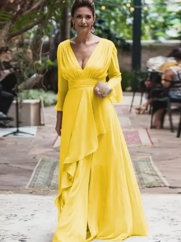 Robe de soirée pour la mère de la mariée col en V manches longues ligne A volants longueur au sol robes d'invitées de mariage