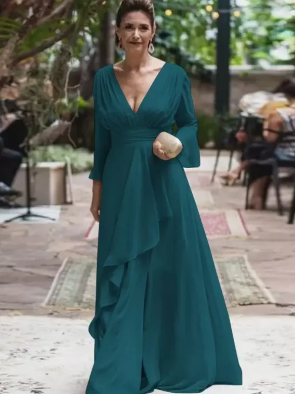 Robe de soirée pour la mère de la mariée col en V manches longues ligne A volants longueur au sol robes d'invitées de mariage