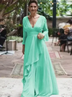 Robe de soirée pour la mère de la mariée col en V manches longues ligne A volants longueur au sol robes d'invitées de mariage