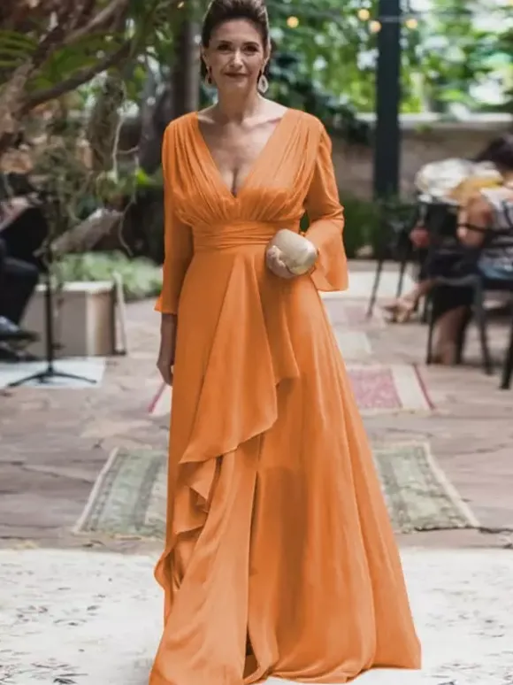 Robe de soirée pour la mère de la mariée col en V manches longues ligne A volants longueur au sol robes d'invitées de mariage