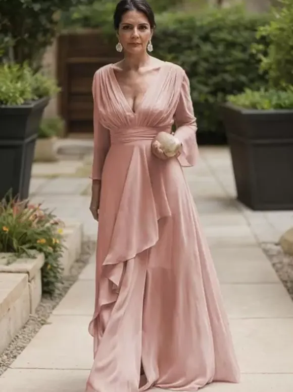 Robe de soirée pour la mère de la mariée col en V manches longues ligne A volants longueur au sol robes d'invitées de mariage