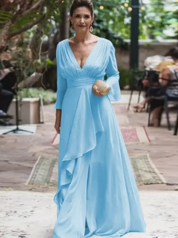 Robe de soirée pour la mère de la mariée col en V manches longues ligne A volants longueur au sol robes d'invitées de mariage