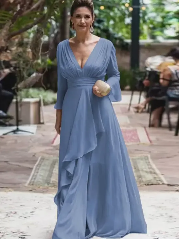 Robe de soirée pour la mère de la mariée col en V manches longues ligne A volants longueur au sol robes d'invitées de mariage