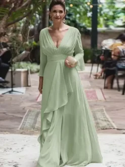 Robe de soirée pour la mère de la mariée col en V manches longues ligne A volants longueur au sol robes d'invitées de mariage