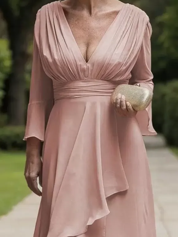 Robe de soirée pour la mère de la mariée col en V manches longues ligne A volants longueur au sol robes d'invitées de mariage