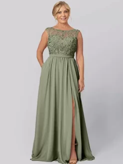 Robe de soirée pour la mère de la mariée décolleté illusion sans manches robe de bal découpée robes d'invitées pour mariage