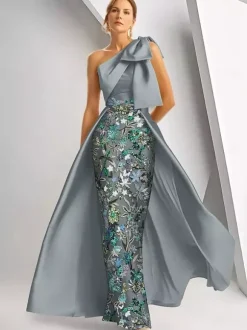 Robe de soirée pour la mère de la mariée décolleté travaillé sans manches coupe trapèze sequins longueur au sol robe d'invitée de mariage