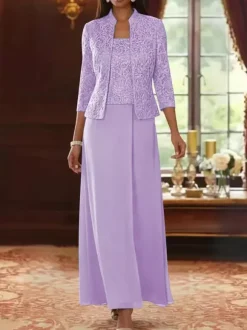Robe de soirée pour la mère de la mariée col carré manches 3/4 robe d'invitée deux pièces en dentelle pour un mariage