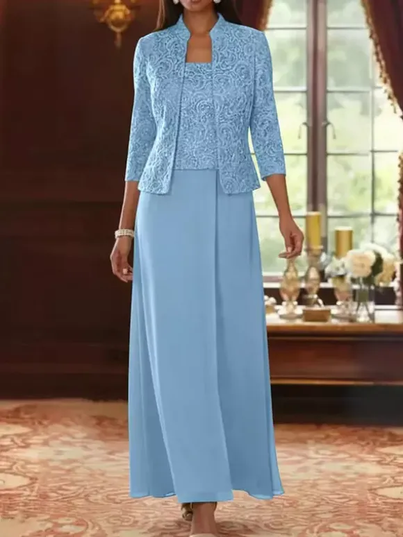 Robe de soirée pour la mère de la mariée col carré manches 3/4 robe d'invitée deux pièces en dentelle pour un mariage