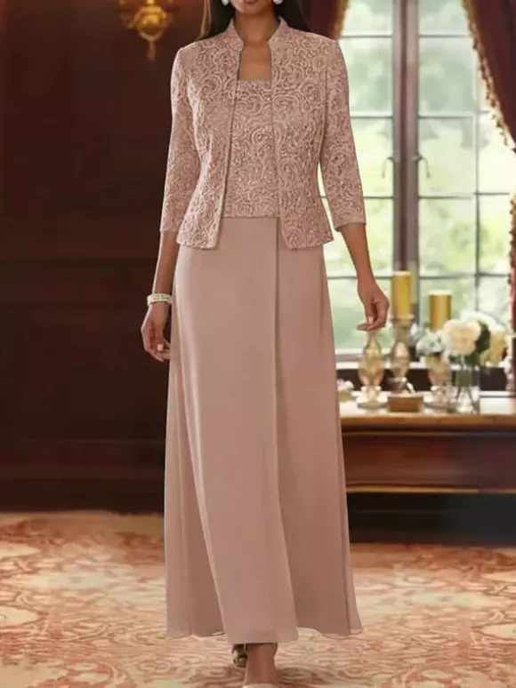Robe de soirée pour la mère de la mariée col carré manches 3/4 robe d'invitée deux pièces en dentelle pour un mariage
