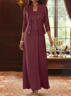 Robe de soirée pour la mère de la mariée col carré manches 3/4 robe d'invitée deux pièces en dentelle pour un mariage