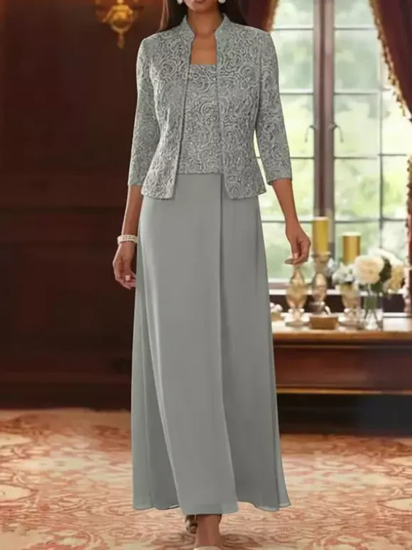 Robe de soirée pour la mère de la mariée col carré manches 3/4 robe d'invitée deux pièces en dentelle pour un mariage