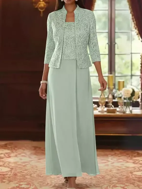Robe de soirée pour la mère de la mariée col carré manches 3/4 robe d'invitée deux pièces en dentelle pour un mariage