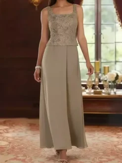 Robe de soirée pour la mère de la mariée col carré manches 3/4 robe d'invitée deux pièces en dentelle pour un mariage