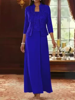 Robe de soirée pour la mère de la mariée col carré manches 3/4 robe d'invitée deux pièces en dentelle pour un mariage