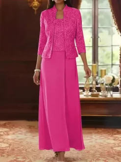 Robe de soirée pour la mère de la mariée col carré manches 3/4 robe d'invitée deux pièces en dentelle pour un mariage