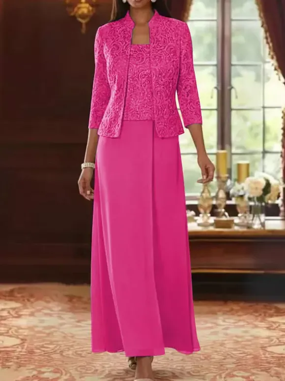Robe de soirée pour la mère de la mariée col carré manches 3/4 robe d'invitée deux pièces en dentelle pour un mariage