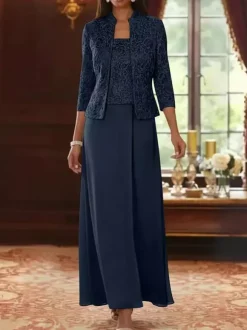 Robe de soirée pour la mère de la mariée col carré manches 3/4 robe d'invitée deux pièces en dentelle pour un mariage