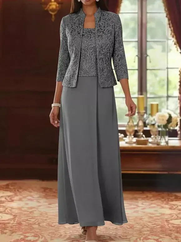 Robe de soirée pour la mère de la mariée col carré manches 3/4 robe d'invitée deux pièces en dentelle pour un mariage