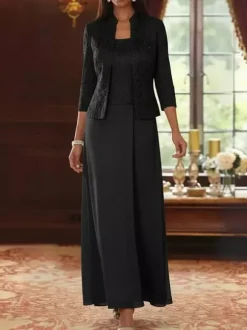 Robe de soirée pour la mère de la mariée col carré manches 3/4 robe d'invitée deux pièces en dentelle pour un mariage