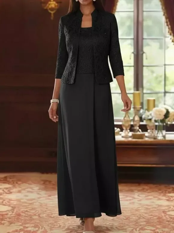 Robe de soirée pour la mère de la mariée col carré manches 3/4 robe d'invitée deux pièces en dentelle pour un mariage