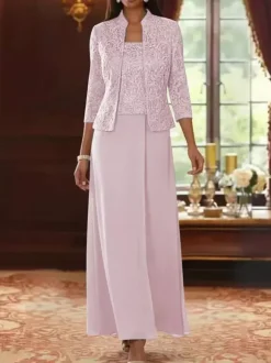 Robe de soirée pour la mère de la mariée col carré manches 3/4 robe d'invitée deux pièces en dentelle pour un mariage