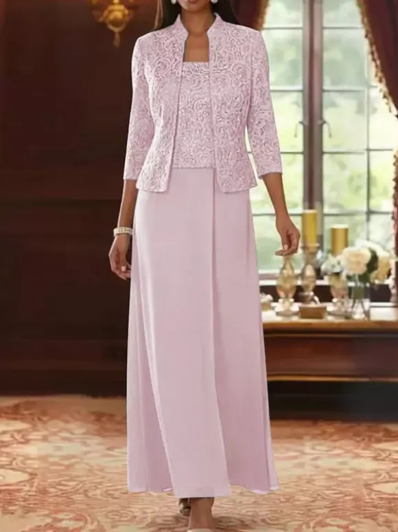 Robe de soirée pour la mère de la mariée col carré manches 3/4 robe d'invitée deux pièces en dentelle pour un mariage