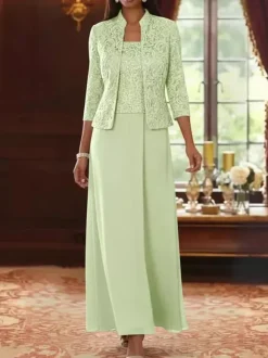 Robe de soirée pour la mère de la mariée col carré manches 3/4 robe d'invitée deux pièces en dentelle pour un mariage