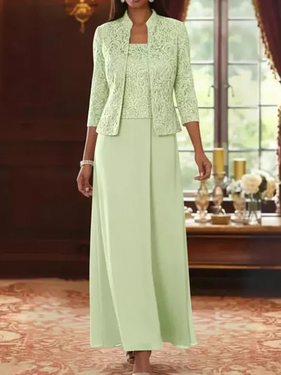Robe de soirée pour la mère de la mariée col carré manches 3/4 robe d'invitée deux pièces en dentelle pour un mariage