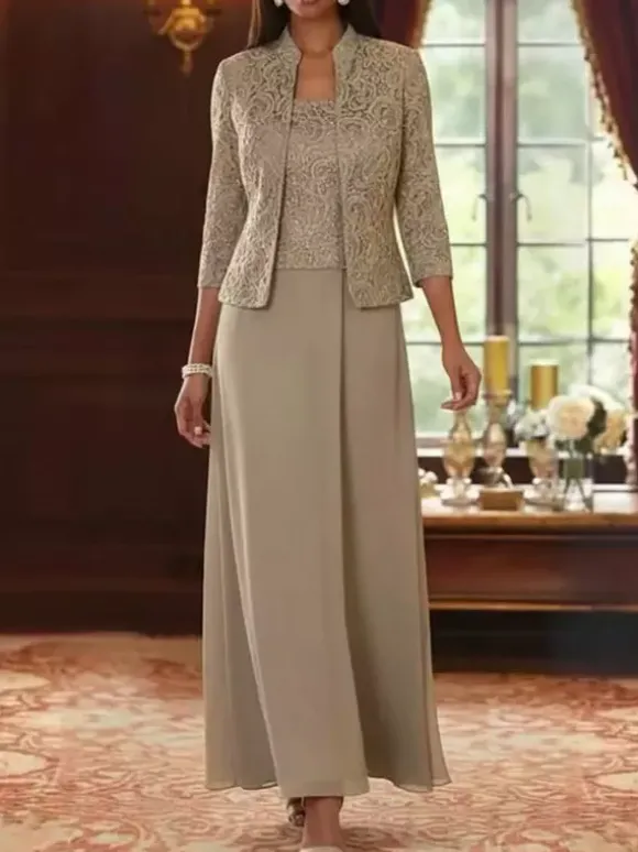 Robe de soirée pour la mère de la mariée col carré manches 3/4 robe d'invitée deux pièces en dentelle pour un mariage