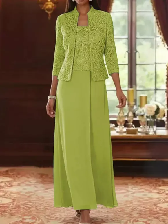 Robe de soirée pour la mère de la mariée col carré manches 3/4 robe d'invitée deux pièces en dentelle pour un mariage