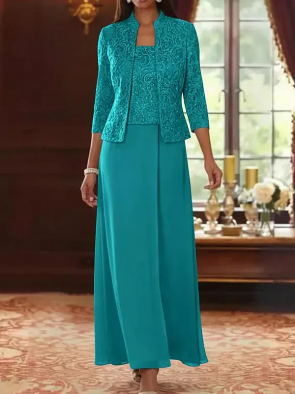 Robe de soirée pour la mère de la mariée col carré manches 3/4 robe d'invitée deux pièces en dentelle pour un mariage