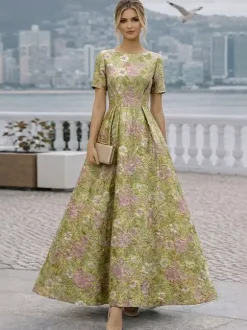 Robe de soirée pour la mère de la mariée col rond manches courtes coupe trapèze robe d'invitée de mariage