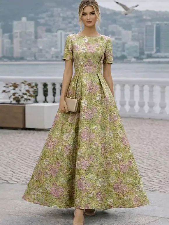Robe de soirée pour la mère de la mariée col rond manches courtes coupe trapèze robe d'invitée de mariage