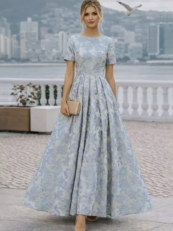 Robe de soirée pour la mère de la mariée col rond manches courtes coupe trapèze robe d'invitée de mariage